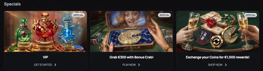 Sezione speciali Casinova con programma VIP e scambio di monete premio.